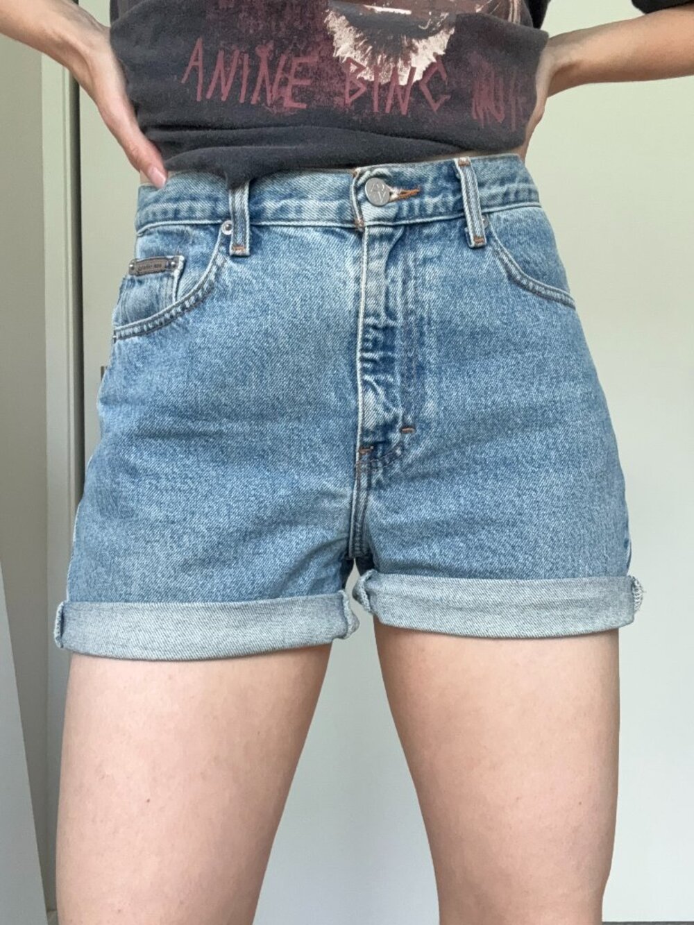 Calvin Klein High Rise Rolled Cuffed Denim Shorts Light Wash